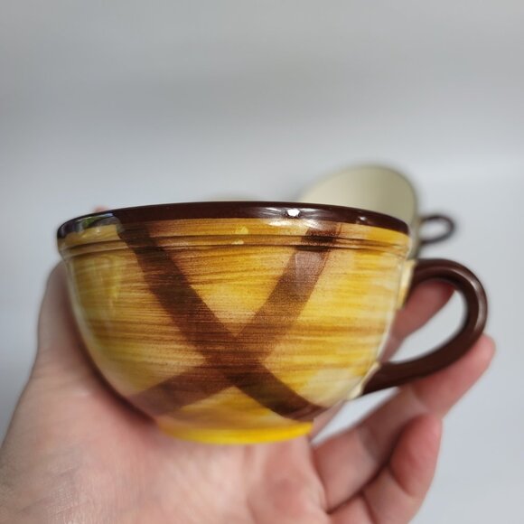 FIVE Metlox Poppytrail Vernon Kilns Organdie Cups Brown Yellow Plaid - Picture 6 of 10